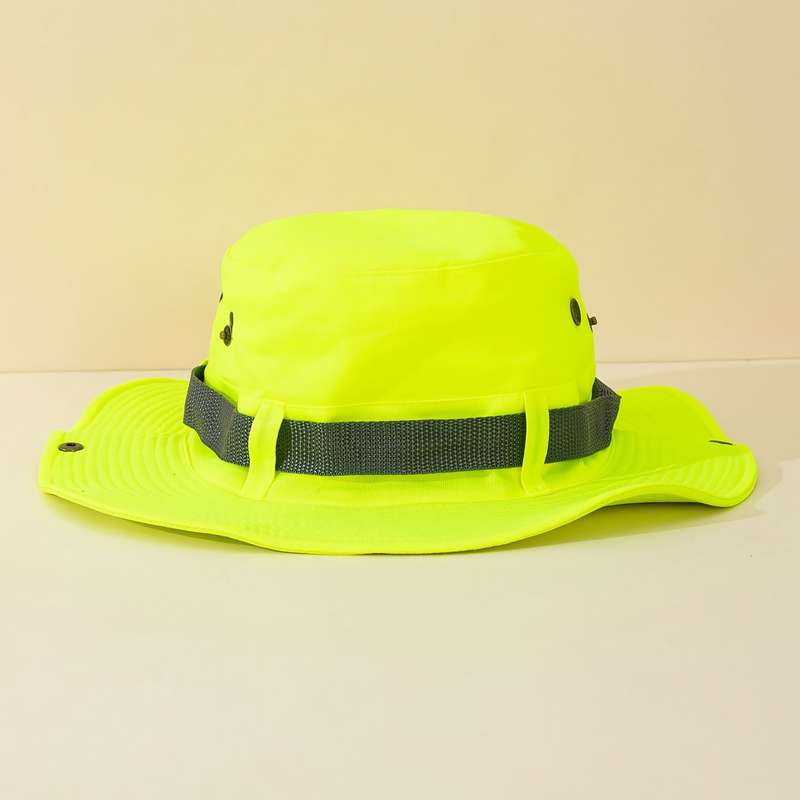 1pc Bright Neon Green Western Cowboy Bucket Hat with Black Mesh Band Breathable Sun-Protective W