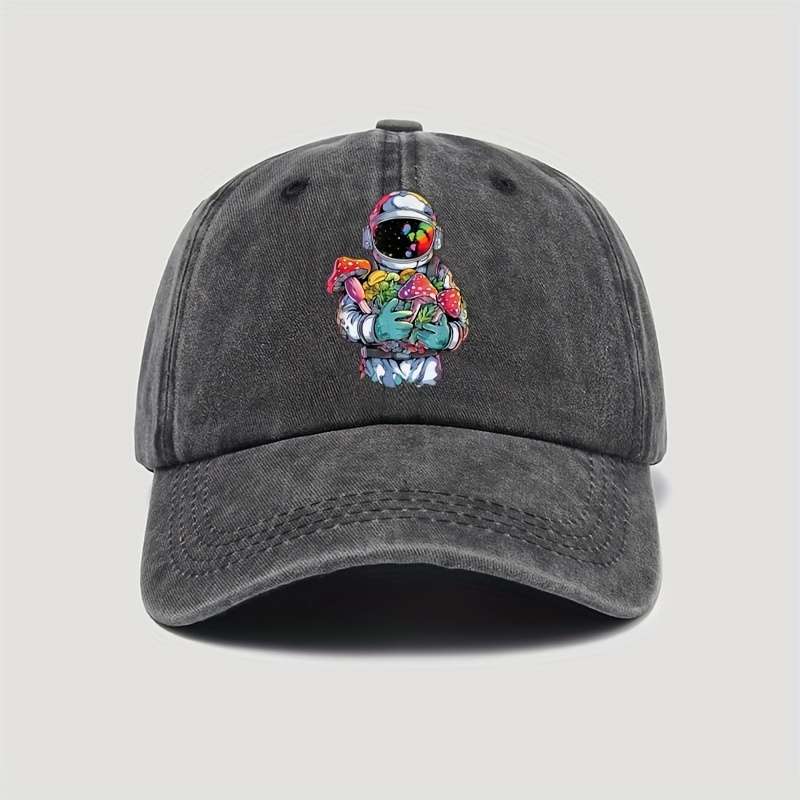 1pc Colorful Astronaut with Assorted Mushrooms Print Baseball Cap Vintage Fun Cotton Adjustable S