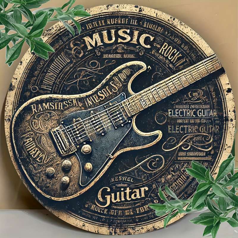1pc Vintage Round Aluminum Tin Sign with Guitar Design 1 Piece Foil Engraved Metal Signage Durab