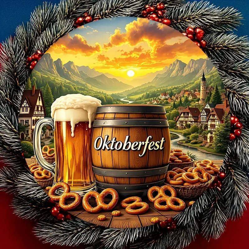 1pc Oktoberfest Round Aluminum Sign 20.32x20.32 cm Festive Beer and Pretzel Scene Ideal for Home Kit