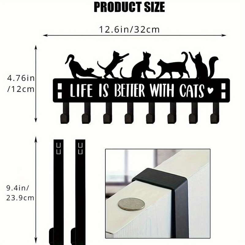 HELLOYOUNG Contemporary Metal Over the Door Cat Hooks 1pc Black Decorative Towel Coat Rack with 8 H