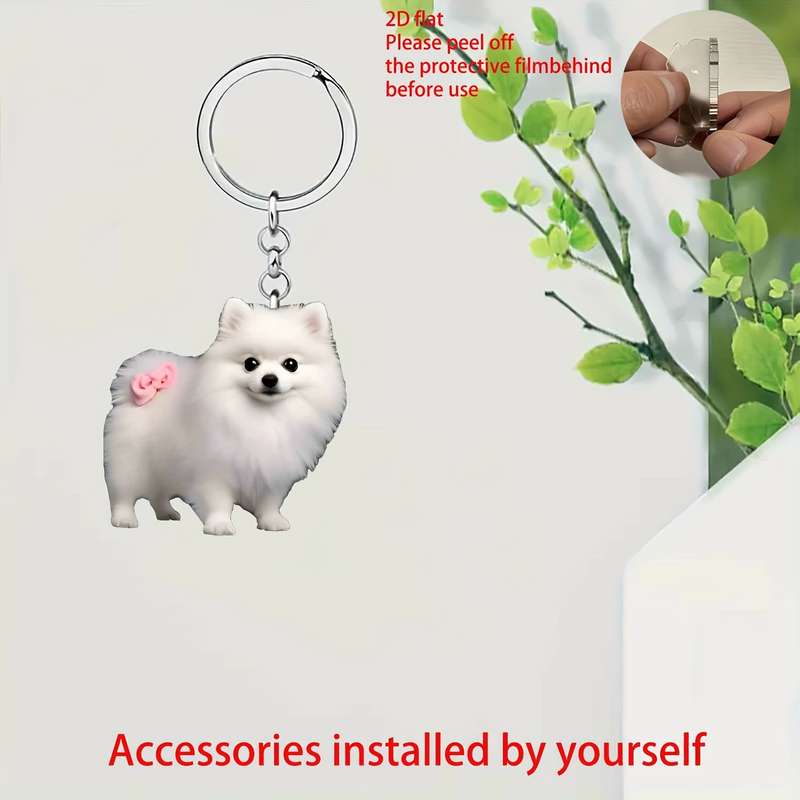 1pc 2D Flat   Acrylic White Dog Keychain Car Mirror Charm Cute Pomeranian Design with Pi