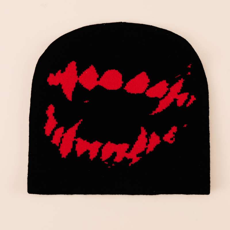 1pc Tooth Graphic Y2K Beanie Black White Elastic Knit Hats Hip Hop Skull Cap Unisex Warm Beanies