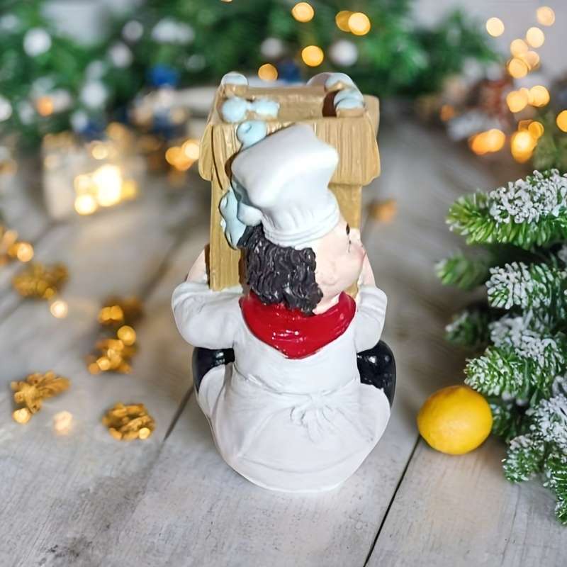 1pc Chef Figurine Kitchen Decor Resin Craft with Red White Striped Apron Black Pants Hat