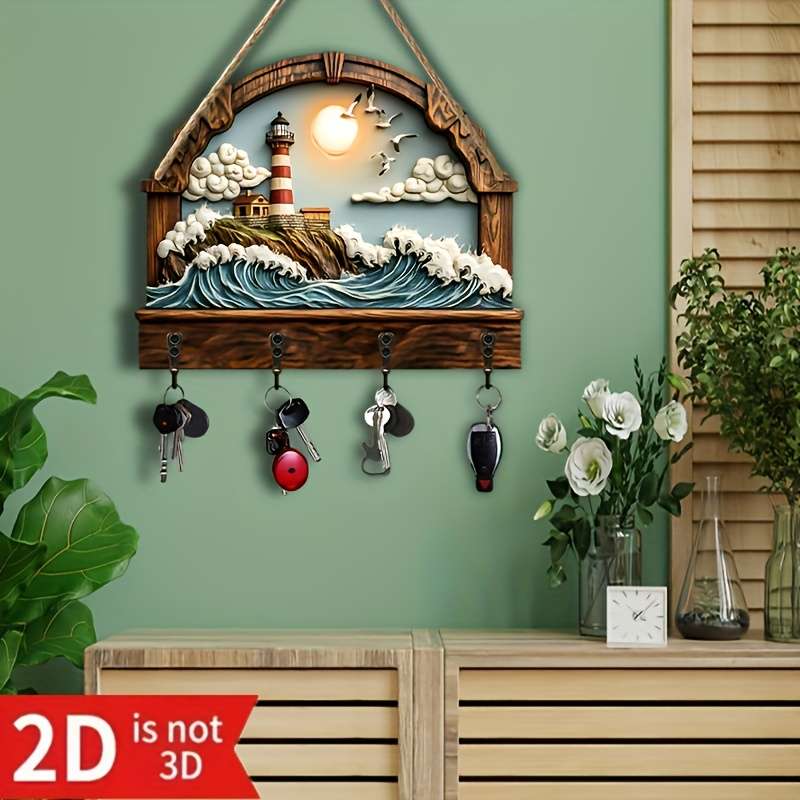 2D Flat 2d/Flat Seaside Lighthouse Simple and Colorful Wooden Home Key Hanger with Four Metal Hooks