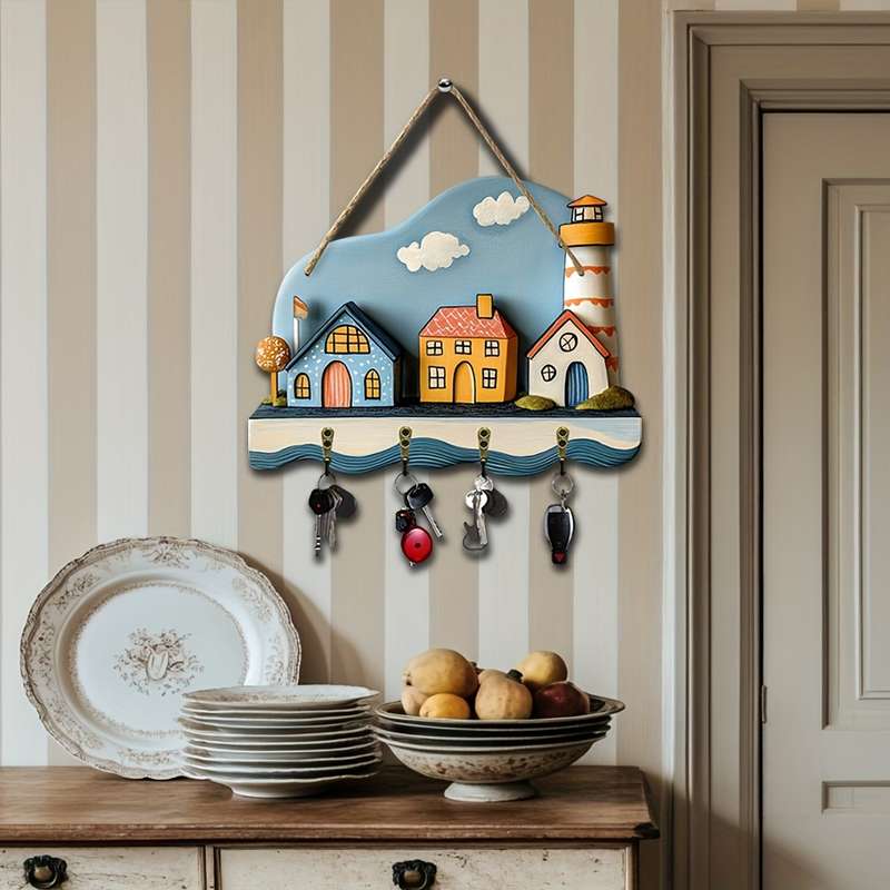 1pc Seaside Style Creative Home Wall Mounted Key Holder Simple Colorful Wooden Key Holder with Fou