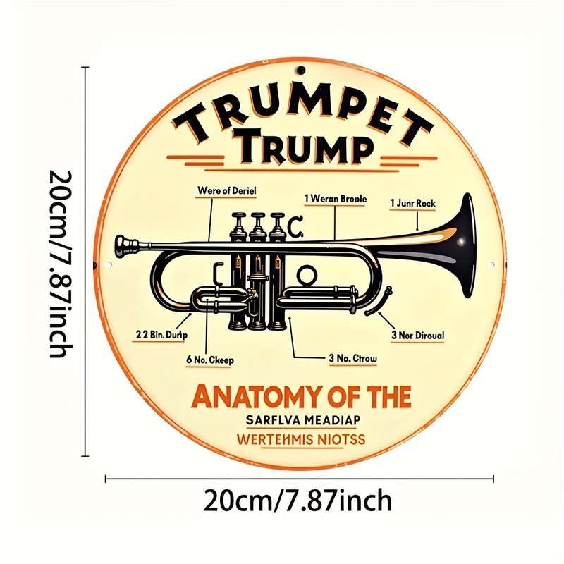 1pc Vintage Trumpet Anatomy Metal Wall Art Plaque 20.32cm Round Aluminum Decor Detailed Trumpet