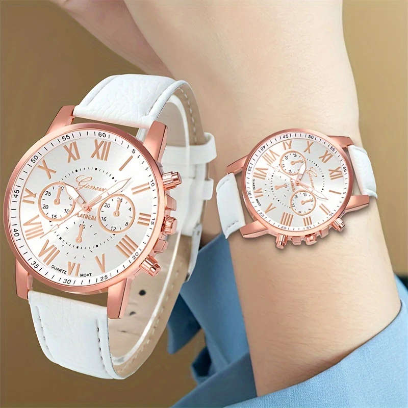 1pc Fashion Quartz Watch Rose Golden Accents White PU Leather Strap Round Dial with Black Numerals