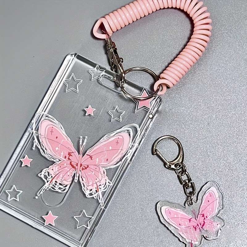 1pc Y2K-Inspired Butterfly Design Transparent ID Card Holder with Keychain Durable Plastic Anti-