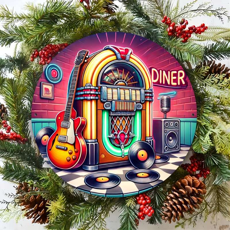 1pc Vintage Jukebox Metal Wall Art 19.81cm Aluminum Round Decor with Guitar Records Retro Dine
