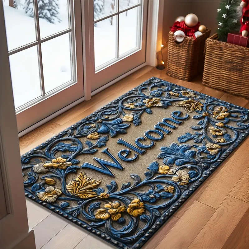 1pc Chic Abstract Line Welcome Doormat Botanical Pattern Non-Slip Machine Washable Polyester Rug