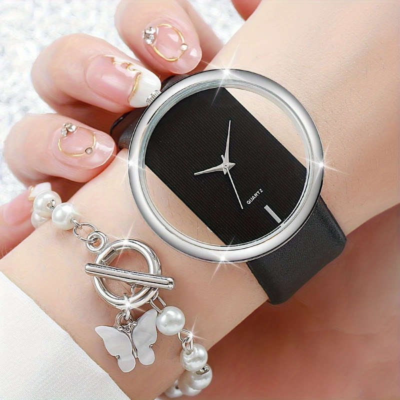 2pcs Set Women'S Fashion Hollow Dial Quartz Wrist Watch and Bracelet Set Round Alloy Case Faux Leath