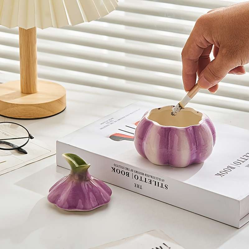 1pc Art Deco Style Garlic-Shaped Ceramic Ashtray Round Home Decor Trinket Simple Design No E