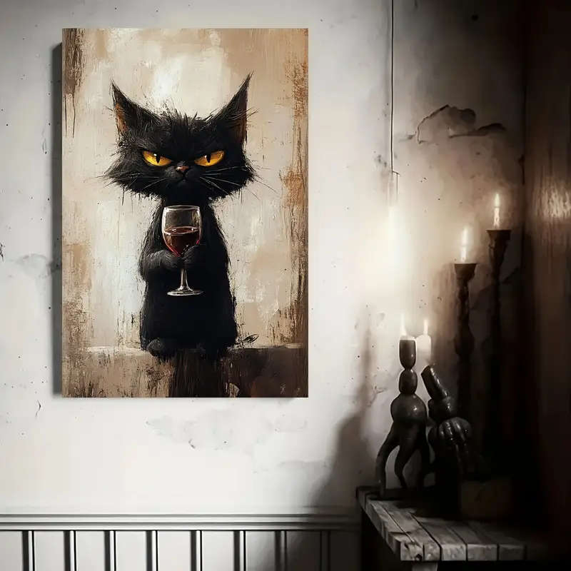 1pc Charming Black Cat with Wine Glass Canvas Print 30.48x45.72cm Unframed Whimsical Animal Art for