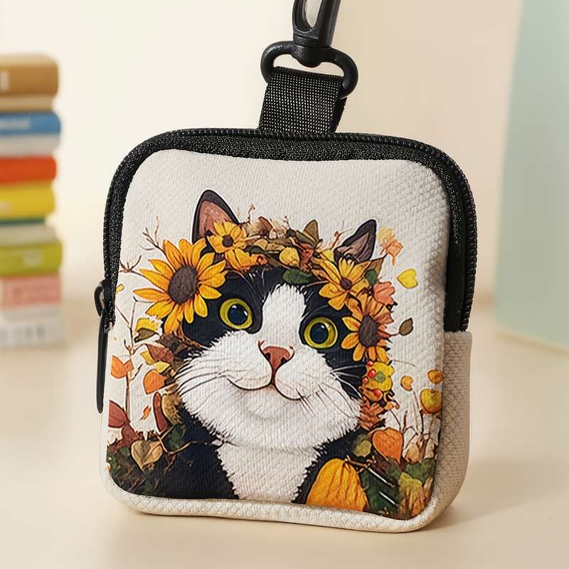 1pc Adorable Cat Sunflower Pattern Large Capacity Coin Purse Multi-Function Zippered Wallet