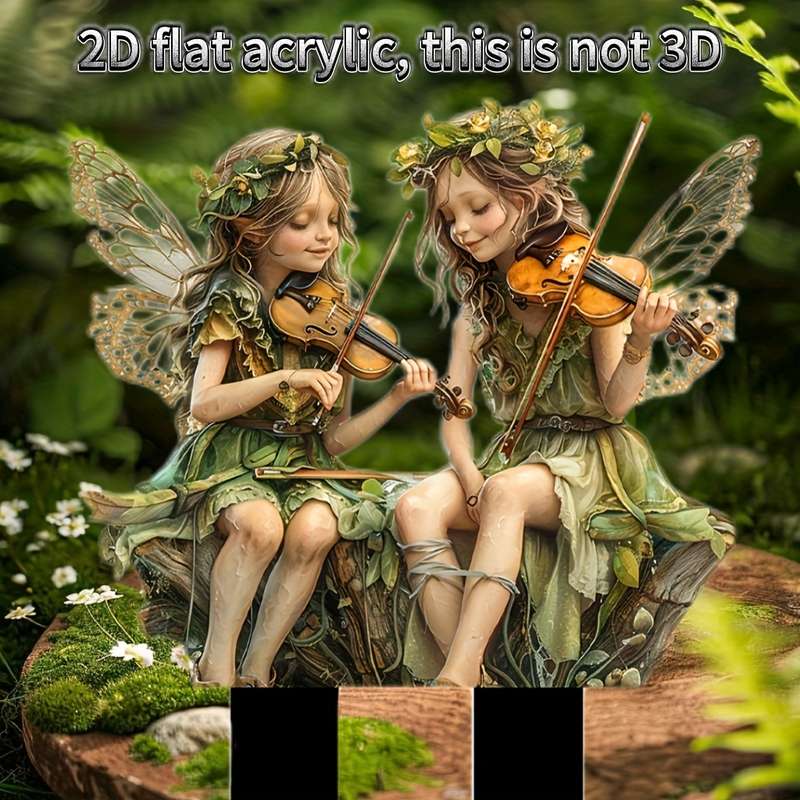 1pc 2D Flat   Acrylic Fairy Garden Stake Decorations Whimsical Elf Figurines Playing Violins W