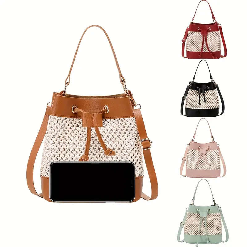 1pc Chic Hollow-Out Bucket Bag for Women Korean Style Woven Crossbody  Shoulder Bag in Beige