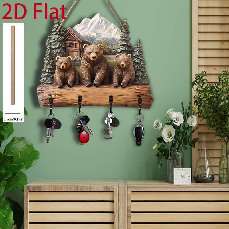 2D Flat 1pc Bear Family Simple Colorful Wooden and Home Key Hanger with Four Metal Hooks 2D Flat W