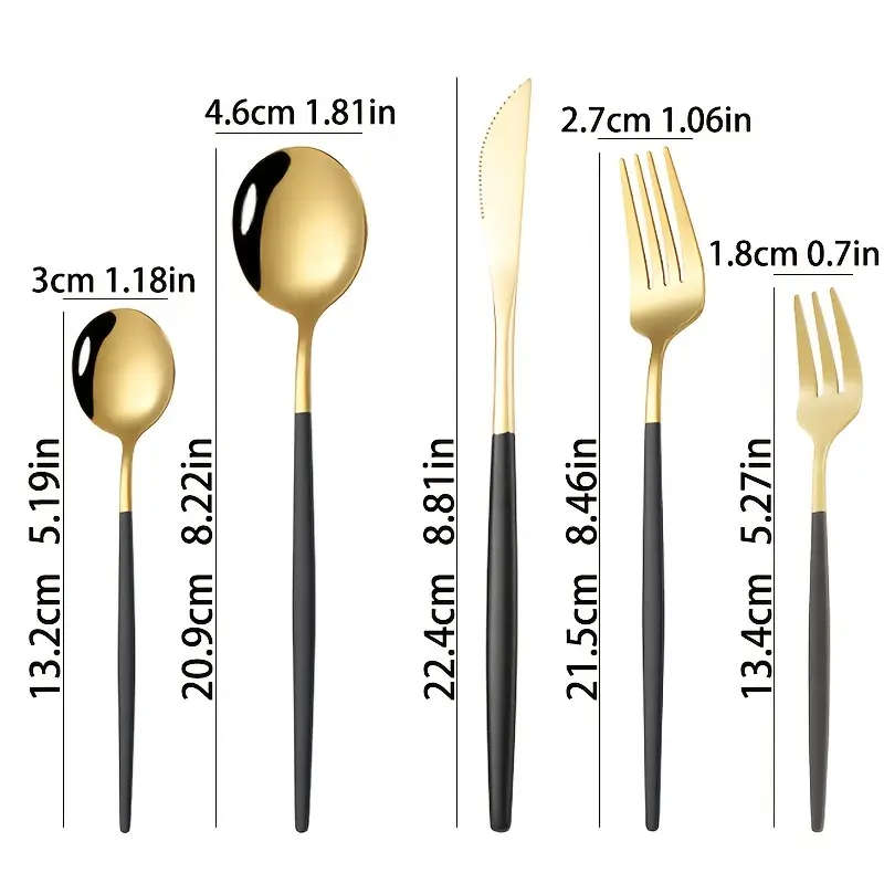 30pcs Stainless Steel Flatware Set Elegant Black Golden Cutlery Complete Silverware for Dining Inclu