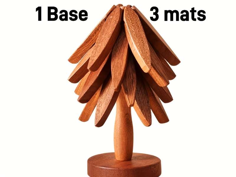 Wooden Tree-Shaped Pot Mat Set Includes 3 Removable Coasters and Base Creative Non-Slip Heat-