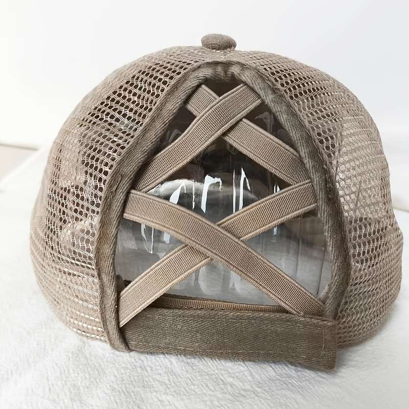 1pc Adjustable Women's Baseball Cap with Ponytail Hole Distressed Black Mesh Trucker Hat with Hear