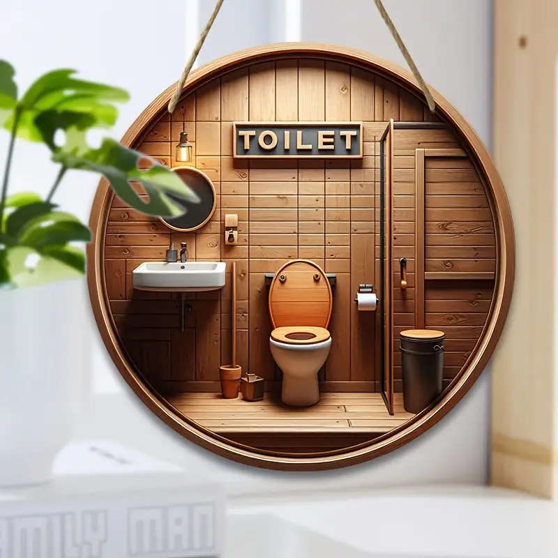 1pc Round Wooden TOILET Sign 20.07cm x 20.07cm Polka Dot Pattern Dark Brown General Fit Floor Mount