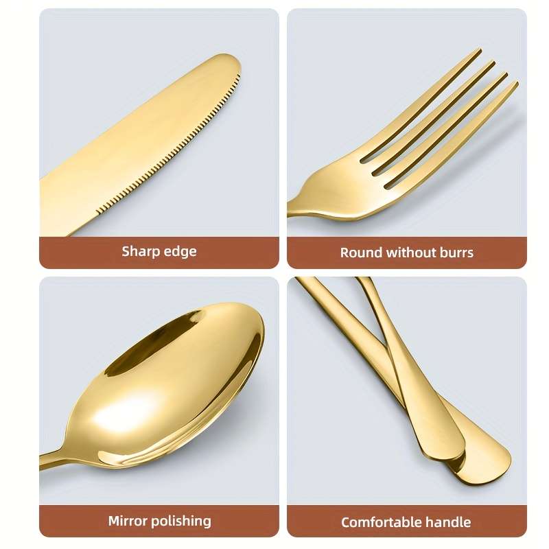 4pcs Golden Tableware Set Knife Fork Spoon Cutlery Set Elegant Golden Stainless Steel Cutlery