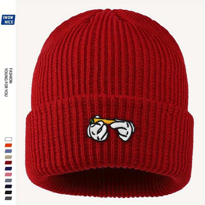 1pc Rendy Leaf Embroidered Acrylic Beanie Unisex Cartoon Cigarette Design Knit Skull Cap Lightwei