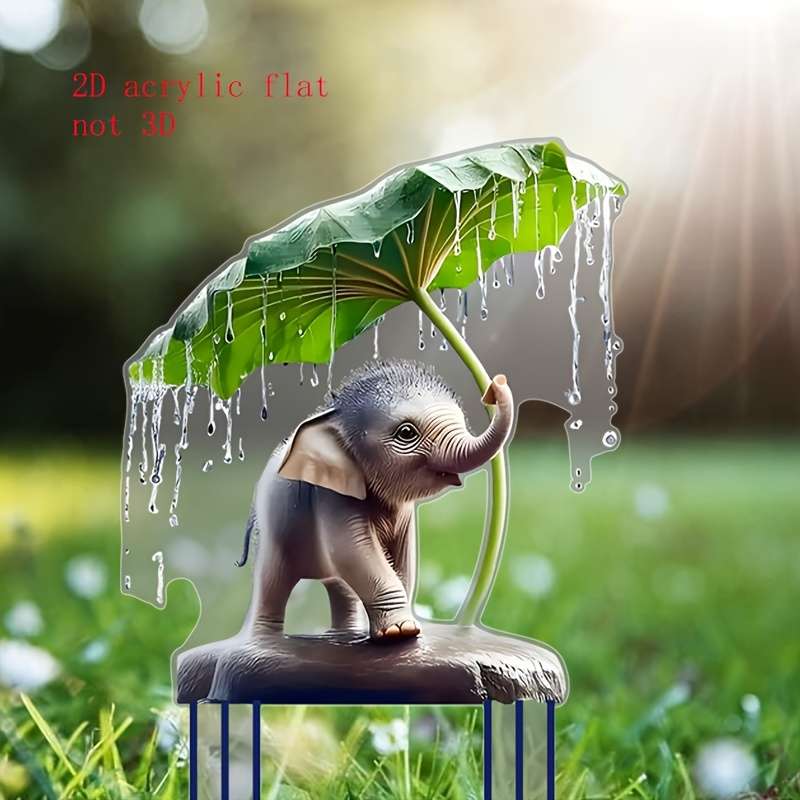 1pc 2D Flat  Charming Youngsters Elephant Under Umbrella  Acrylic Garden Stake Bohemian Style O