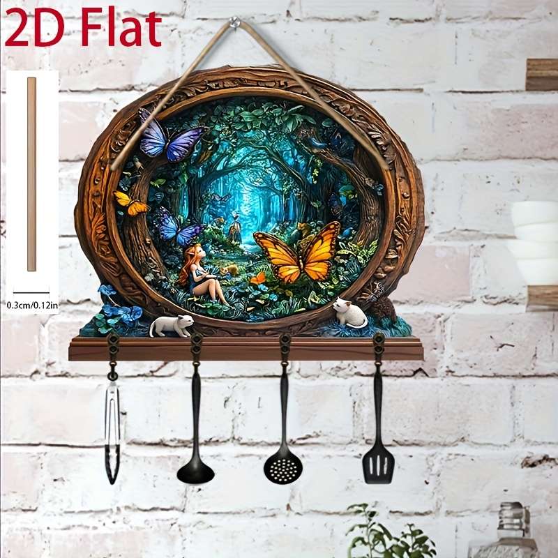 2D/Flat 1pc Forest Elf Simple Colorful Wooden and Home Key Hanger with Four Metal Hooks 2D/Flat Wa
