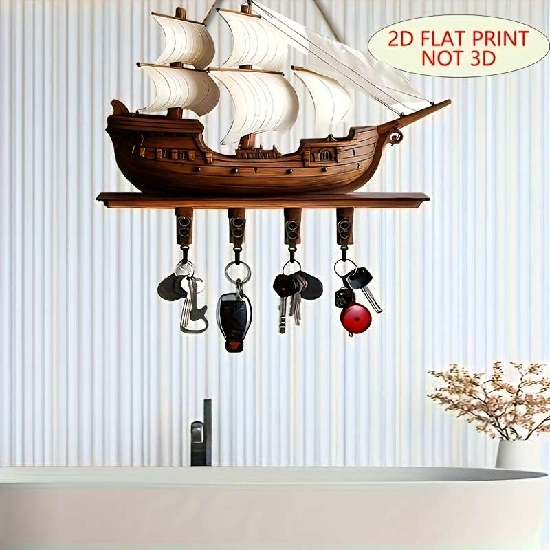 1pc Vintage Sailboat Wooden Key Holder with 4 Metal HooksEasy Install Space-Saving Wall Mount Or