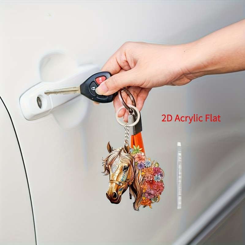 1pc 2D Flat  Acrylic Horse Keychain with Vibrant Floral Design Durable Fashion Backpack Pendant Ch