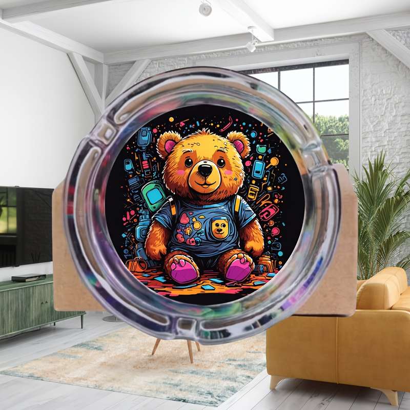 1pc Creative Round Glass Ashtray with Cute Teddy Bear Design Vibrant Colors Whimsical Artwor