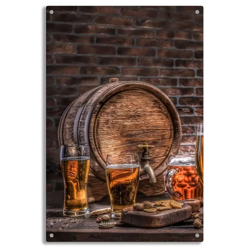 1pc Rustic Bar Scene Metal Tin Sign Vintage Aluminum Wall Art with Beer and Barrel Design Ideal for