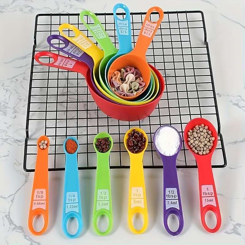 12-Piece Set Assorted Colors Plastic Measuring Cups and Spoons for Flour Milk Powder Coff