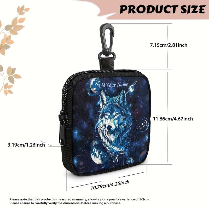 1pc Starry Arctic Wolf Coin Purse Customizable Name Black Polyester Mini Wallet with Keychai