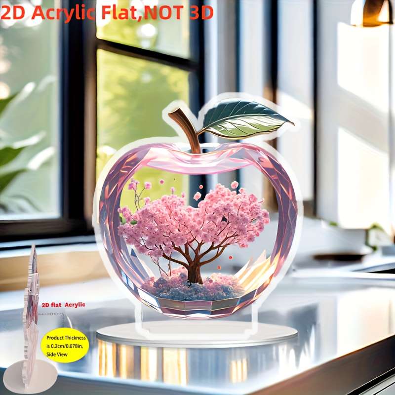 1pc 2D Flat    Acrylic Apple Shape Ornament with Sakura Design Transparent Pink Flower