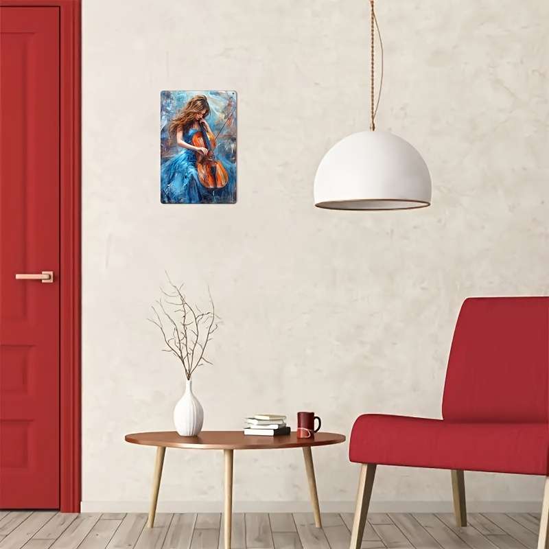 1pc 2D Flat Iron Wall Art Logo Cello Artist Blue Dress Woman Music Studio Art Music Student Gif