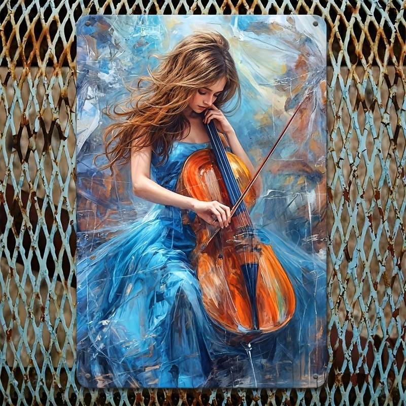1pc 2D Flat Iron Wall Art Logo Cello Artist Blue Dress Woman Music Studio Art Music Student Gif