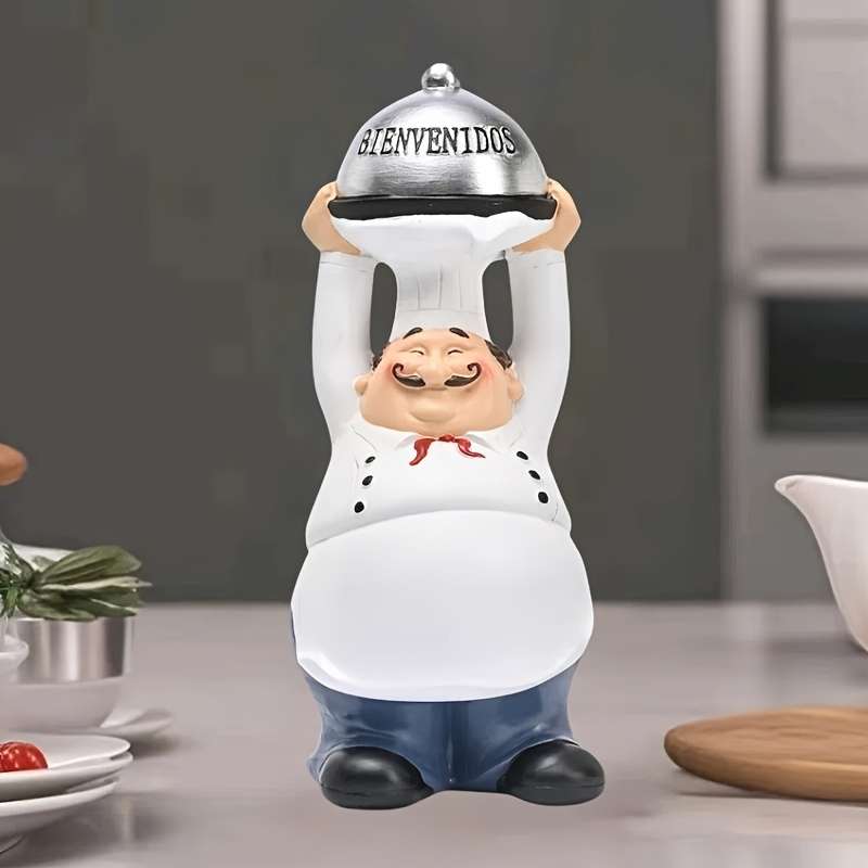 1pc Vintage European Chef Figurine Resin "BIENVENIDOS" Welcome Sign Cartoon-Style Kitchen Decor