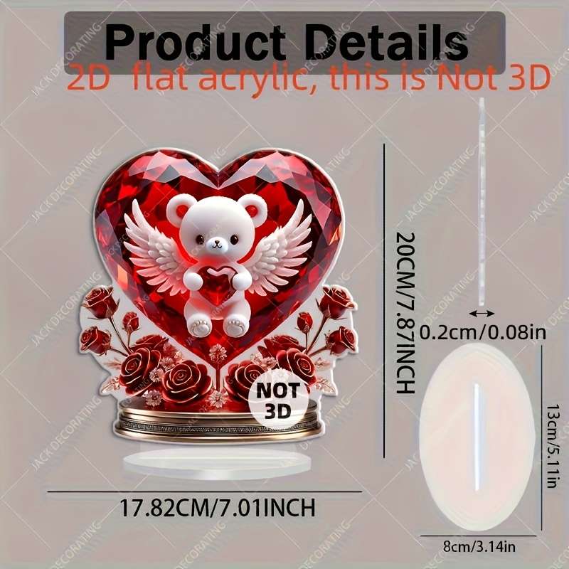 1pc 2D Flat  Charming Crystal Bear Heart Decoration  Desktop Decor Suitable for Home and Valen