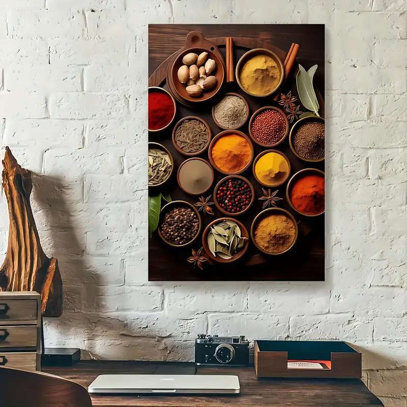 1pc Colorful Spices Farmhouse Kitchen Wall Art Wooden Framed Canvas Print for Home Office Decor Perf