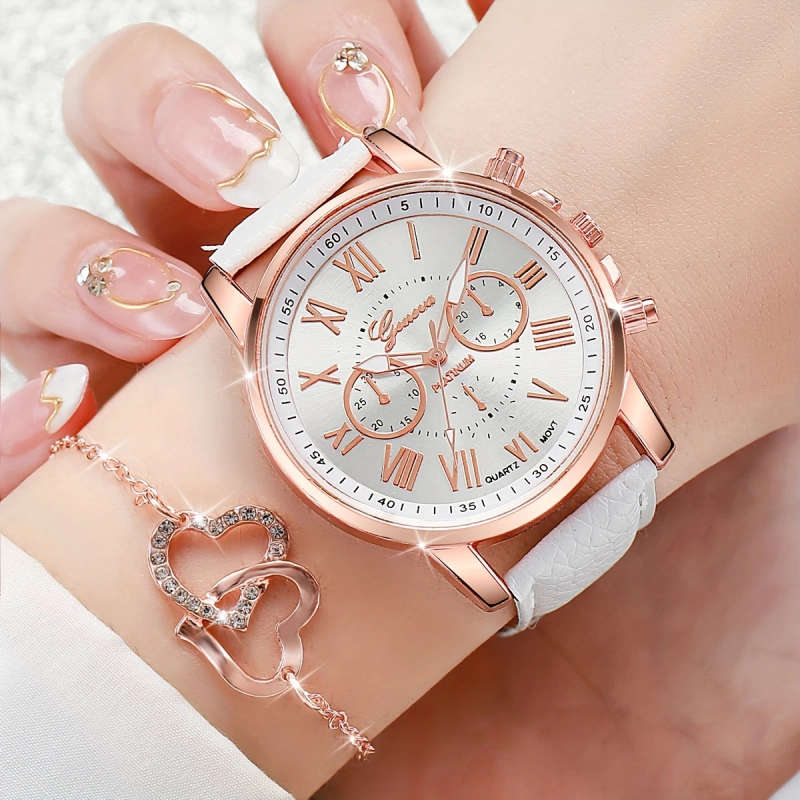 6pcs set Elegant Women'S Quartz Watch with Roman Numerals Dial and Jewelry Set Round Alloy Case PU L