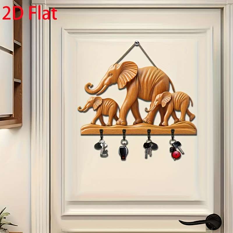1pc Elephant Simple Colorful Wooden Keychain with Four Metal Hooks 30.0cm x 24.99cm 2D Farmhouse