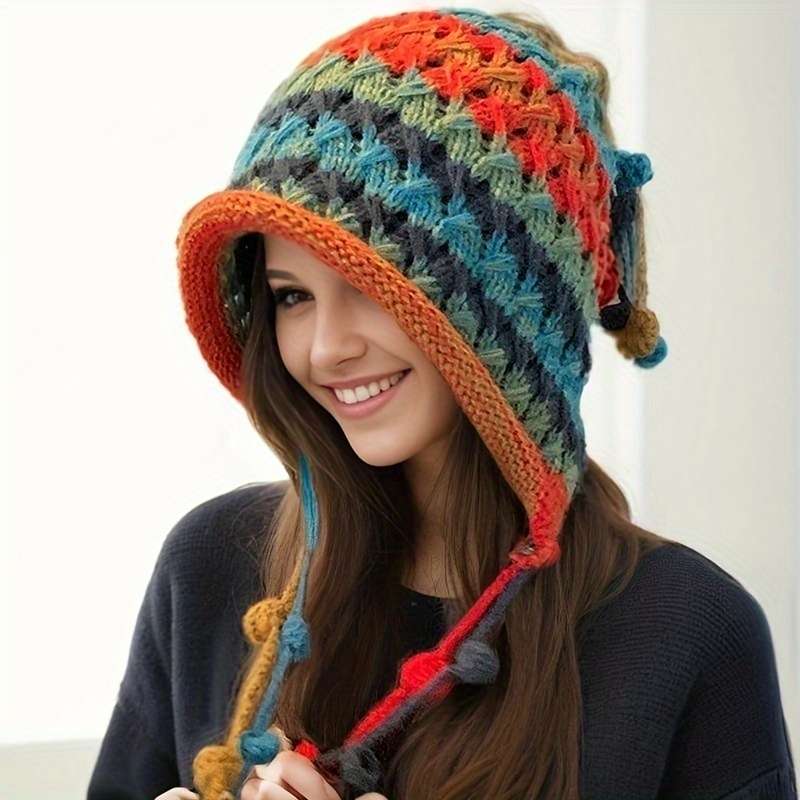 1pc New Autumn and Winter Bohemian Style Handmade Crochet Color Hat Thickened and Warm Dopamine K