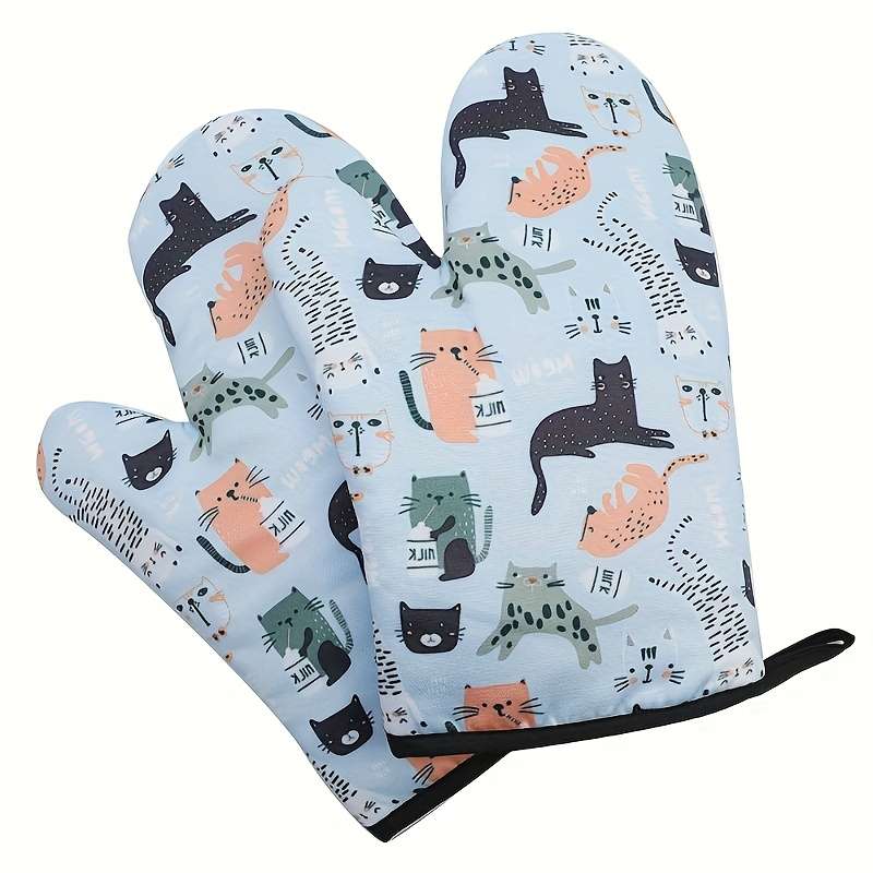 2pcs Cute Cat Pattern Oven Mitts Thick Heat-Resistant Polyester Gloves with Hanging Loop Pe