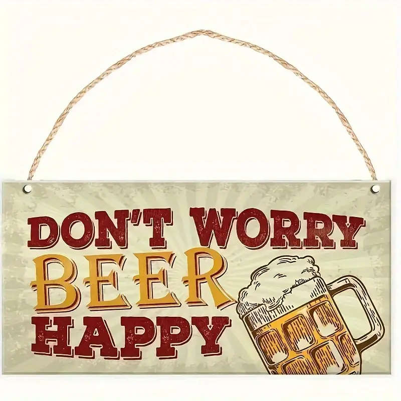 1pc Don't Worry Beer Happy Wooden Art Sign Rustic Bar Decor with Frothy Beer Illustration Twine Hang
