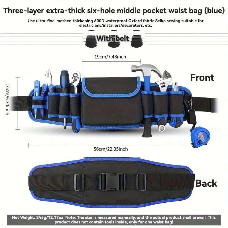 1pc Multi-Function Oxford Cloth Tool Waist Bag for Electricians Durable Waterproof with Multiple Poc