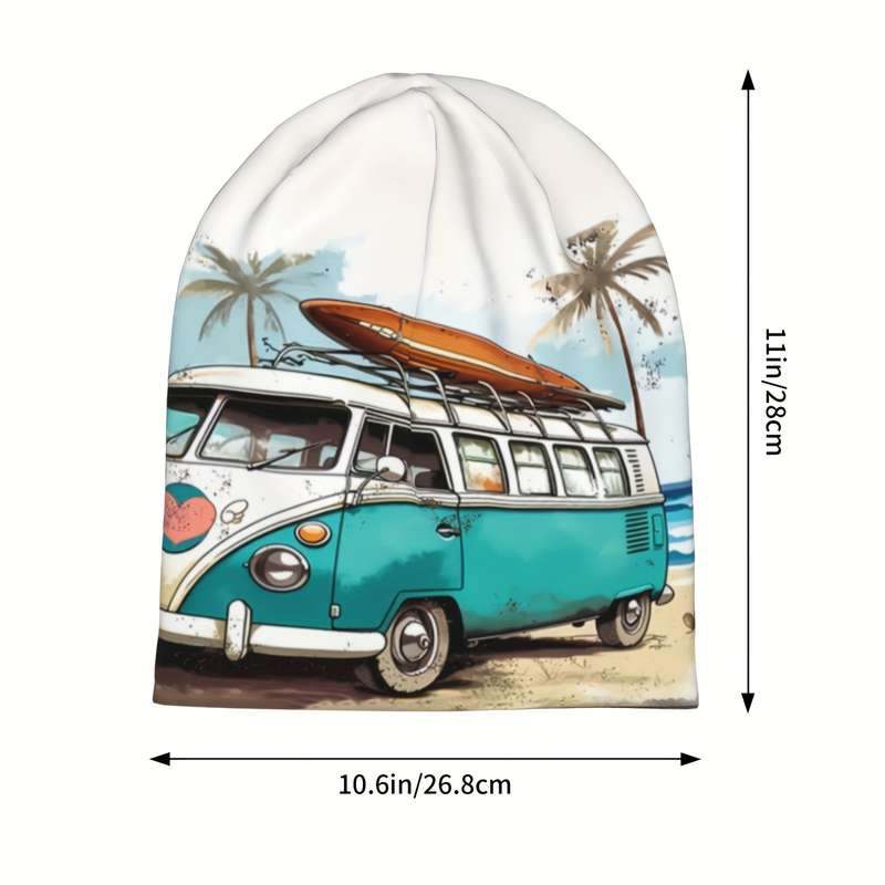 1pc Funky Beach Bus Palm Tree Design Beanie Hat Soft Lightweight Polyester Blend Perfect
