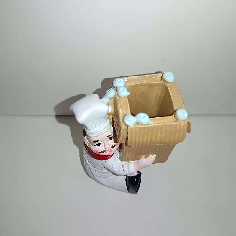 1pc Chef Figurine Kitchen Decor Resin Craft with Red White Striped Apron Black Pants Hat